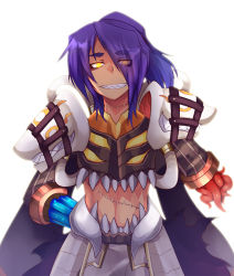 Rule 34 | 1boy, amputee, arm behind back, armor, commentary request, cowboy shot, emon-yu, eyes visible through hair, genetic (ragnarok online), grin, hair between eyes, hair over one eye, living clothes, long hair, looking at viewer, male focus, pants, pauldrons, ponytail, purple hair, ragnarok online, sharp teeth, shoulder armor, simple background, smile, solo, stitched neck, stitches, teeth, tentacles, white background, white pants, yellow eyes