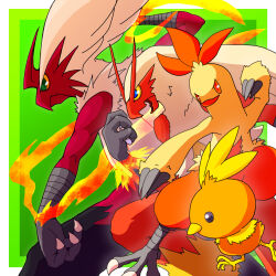 Rule 34 | animal focus, blaziken, chikuwa3, claws, colored sclera, combusken, creatures (company), evolutionary line, fighting stance, fire, game freak, gen 3 pokemon, green background, highres, horns, looking to the side, mega blaziken, mega pokemon, nintendo, no humans, open mouth, pokemon, pokemon (creature), red fur, simple background, torchic, yellow sclera