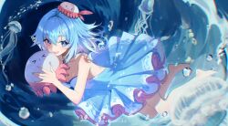Rule 34 | &gt;3&lt;, 1girl, air bubble, artist name, backless dress, backless outfit, bare shoulders, barefoot, blue dress, blue eyes, blue hair, breasts, bubble, cleavage, commentary request, commission, dress, fang, full body, haiyi, highres, holding, jellyfish, jellyfish hair ornament, long hair, looking at viewer, medium breasts, open mouth, pixiv commission, skin fang, smile, strapless, strapless dress, synthesizer v, water, zakkuri