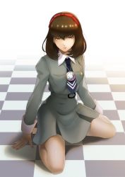 Rule 34 | 1girl, atlus, blue necktie, brown eyes, brown hair, checkered floor, closed mouth, full body, hair ribbon, highres, igusaharu, jewelry, kneeling, long sleeves, looking at viewer, medium hair, mole, necklace, necktie, persona, persona 1, ribbon, school uniform, shiny skin, sitting, skirt, solo, sonomura maki, thick thighs, thighs, wariza