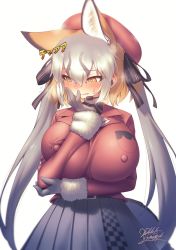Rule 34 | 1girl, alternate breast size, animal ear fluff, animal ears, arm under breasts, belt, blush, breast pocket, breasts, brown eyes, brown hair, buttons, covered erect nipples, dated, embarrassed, extra ears, flying sweatdrops, fox ears, fox girl, full-face blush, fur-trimmed sleeves, fur trim, furrowed brow, gloves, grey hair, grey skirt, hair between eyes, hair ribbon, hand on own arm, hat, high-waist skirt, highres, huge breasts, impossible clothes, impossible jacket, island fox (kemono friends), jacket, kemono friends, kemono friends v project, light brown hair, long hair, long sleeves, looking down, looking to the side, multicolored hair, nose blush, parted bangs, pocket, red jacket, ribbon, sidelocks, signature, simple background, skirt, solo, twintails, unaligned breasts, very long hair, virtual youtuber, white background, yoshida hideyuki