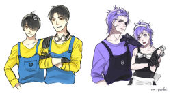 Rule 34 | 1girl, 3boys, black hair, brown eyes, despicable me, eyepatch, fangs, gloves, goggles, goggles on head, hair over one eye, maid, minion (despicable me), multiple boys, overalls, personification, purple eyes, purple hair, purple shirt, rm-parfait, shirt, yellow shirt