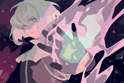 Rule 34 | 1boy, ascot, black gloves, black jacket, closed mouth, fire, gloves, green fire, green hair, jacket, lio fotia, looking at viewer, male focus, pink fire, promare, purple eyes, pyrokinesis, reaching, reaching towards viewer, short hair, short hair with long locks, sidelocks, solo, sparkling eyes, upper body, vonnabeee, white ascot
