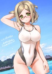 Rule 34 | 10s, 1girl, alternate costume, blonde hair, blush, breasts, brown hair, cameltoe, competition swimsuit, covered erect nipples, female focus, glasses, green eyes, groin, highleg, highleg swimsuit, inoue tomii, kantai collection, katori (kancolle), large breasts, looking at viewer, navel, nipples, one-piece swimsuit, pussy, red-framed eyewear, see-through, semi-rimless eyewear, solo, swimsuit, uncensored, under-rim eyewear