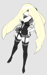 Rule 34 | 1girl, alternate costume, bad id, bad twitter id, bare arms, black panties, black thighhighs, blonde hair, breasts, cleavage, closed mouth, collarbone, commentary request, creatures (company), dede (qwea 00000), eyelashes, full body, game freak, garter straps, green eyes, hair over one eye, hand on own hip, highres, korean commentary, legs apart, lingerie, long hair, looking at viewer, lusamine (pokemon), nintendo, panties, pokemon, pokemon sm, sleeveless, smile, solo, thighhighs, underwear