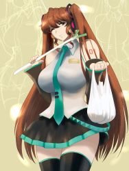 Rule 34 | 1girl, arisaka hatsune, bag, breasts, brown hair, cosplay, detached sleeves, fumizuki hajime, fuzuki hajime, hatsune miku, hatsune miku (cosplay), headphones, huge breasts, long hair, name connection, necktie, one eye closed, pun, skirt, smile, solo, spring onion, thighhighs, tona-gura!, twintails, vocaloid, wink, zettai ryouiki