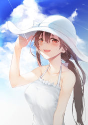 Rule 34 | .live, 1girl, bare shoulders, blush, breasts, brown hair, cloud, collarbone, dress, hair between eyes, halter dress, halterneck, hat, highres, kuro cat 3, large breasts, light rays, long hair, looking at viewer, low ponytail, open mouth, red eyes, see-through silhouette, sky, sleeveless, sleeveless dress, smile, solo, sun hat, sundress, very long hair, virtual youtuber, white dress, white hat, yaezawa natori