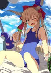 Rule 34 | 1girl, ;d, blue one-piece swimsuit, blue sky, bow, brown eyes, brown hair, cloud, commentary request, day, fang, food, fruit, hair bow, highres, horns, ibuki suika, long hair, looking at viewer, one-piece swimsuit, one eye closed, open mouth, popsicle, red bow, sitting, skin fang, sky, smile, solo, swimsuit, tksand, touhou, watermelon, watermelon bar