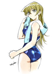 Rule 34 | 1girl, 203wolves, ass, blonde hair, blue one-piece swimsuit, breasts, brown eyes, cropped legs, from behind, hair between eyes, long hair, medium breasts, one-piece swimsuit, school swimsuit, signature, sketch, solo, standing, straight hair, swimsuit, tenjouin asuka, towel, towel around neck, white background, yu-gi-oh!, yu-gi-oh! gx