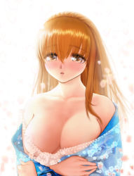 Rule 34 | 1girl, breasts, brown eyes, brown hair, dead or alive, ebina souichi, japanese clothes, kasumi (doa), kasumi mania 3, large breasts, long hair, petals, solo, tecmo