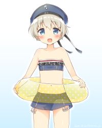 Rule 34 | 10s, 1girl, :d, adapted costume, alternate costume, blue eyes, clothes writing, cowboy shot, hat, innertube, kantai collection, looking at viewer, masuishi kinoto, navel, open mouth, sailor hat, shima (shima je), short hair, silver hair, smile, solo, swim ring, swimsuit, z1 leberecht maass (kancolle)