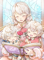 Rule 34 | 1boy, 2girls, aged down, ahoge, alisaie leveilleur, alphinaud leveilleur, ameliance leveilleur, blue shirt, book, closed eyes, dress, eyebrows hidden by hair, family, feet out of frame, final fantasy, final fantasy xiv, flower, hair between eyes, hair ribbon, highres, holding, holding book, holding flower, light blush, long hair, mother and daughter, mother and son, multiple girls, on lap, open mouth, pink dress, pink flower, pointy ears, ribbon, shirt, sitting, smile, stained glass, turtleneck dress, upper body, white hair, yue limsa