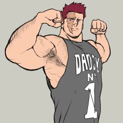 Rule 34 | 1boy, absurdres, armpit hair, armpits, bara, bare arms, beard, beard stubble, biceps, boku no hero academia, chest hair, chest hair peek, clothes writing, dad shirt, double biceps pose, endeavor (boku no hero academia), facial hair, flat color, flexing, frown, ginger (hoybara), hairy, highres, large pectorals, looking at viewer, looking to the side, male focus, mature male, muscular, muscular male, pectorals, scar, scar across eye, shirt, short hair, sideburns, sidepec, sleeveless, sleeveless shirt, solo, spiked hair, stubble, thick eyebrows, upper body, veins, veiny arms