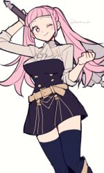 Rule 34 | 1girl, ascot, axe, belt, belt buckle, black thighhighs, blush, breasts, buckle, buttons, commentary, do m kaeru, female focus, fire emblem, fire emblem: three houses, garreg mach monastery uniform, hilda valentine goneril, holding, holding axe, holding weapon, long hair, matching hair/eyes, medium breasts, nintendo, one eye closed, pink eyes, pink hair, simple background, sleeves rolled up, solo, thighhighs, twintails, twitter username, uniform, weapon, white ascot, white background, wink, yellow belt