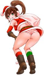 Rule 34 | 1girl, ass, boots, breasts, chokukame, christmas, dress, gloves, hat, highres, long hair, looking at viewer, panties, precis neumann, santa hat, simple background, smile, solo, star ocean, star ocean anamnesis, star ocean the second story, striped clothes, striped panties, underwear, white background