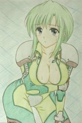 Rule 34 | 1girl, armored core, blue eyes, blush, bodysuit, breasts, cleavage, from software, green hair, large breasts, leaning forward, looking at viewer, may greenfield, merrygate, pilot suit, solo, sweat, traditional media, unzipping