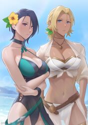 Rule 34 | 2girls, bikini, black one-piece swimsuit, blonde hair, blue eyes, blue sky, breasts, catherine (fire emblem), catherine (summer) (fire emblem), cleavage, closed mouth, cloud, commentary request, dark-skinned female, dark skin, day, fire emblem, fire emblem: three houses, fire emblem heroes, flower, furo atsushi, hair flower, hair ornament, highres, jewelry, medium breasts, multiple girls, navel, necklace, nintendo, official alternate costume, one-piece swimsuit, outdoors, ponytail, purple eyes, purple hair, shamir nevrand, shamir nevrand (summer), short hair, sky, stomach, swimsuit, twitter username, white bikini, yellow flower