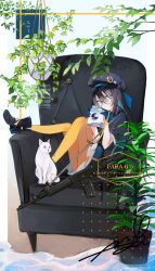 Rule 34 | 1girl, aaoshigatoutoi, absurdres, armchair, assault rifle, black footwear, black hair, blue eyes, blue gloves, camera, cat, chair, character name, closed mouth, commentary request, commission, copyright name, dress, fara 83 (girls&#039; frontline), full body, girls&#039; frontline, glasses, gloves, gun, gun sling, hair between eyes, hat, highres, holding, holding camera, indoors, long hair, looking at viewer, on chair, pantyhose, plant, potted plant, rifle, signature, sitting, skeb commission, solo, weapon, white cat, yellow pantyhose