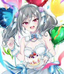 Rule 34 | 1girl, balloon, bare shoulders, blueberry, bow, breasts, cake, cleavage, confetti, dress, earrings, flower, food, fruit, grey hair, hair bow, hair flower, hair ornament, heart balloon, holding, holding plate, idolmaster, idolmaster cinderella girls, jewelry, kanzaki ranko, long hair, looking at viewer, medium breasts, mikoto0x0, necklace, open mouth, pink eyes, plate, purple flower, purple rose, rose, sleeveless, sleeveless dress, smile, solo, strawberry, twintails, white bow, white dress, wrist cuffs