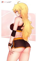 Rule 34 | 1girl, ahoge, alternate costume, arm at side, artist name, ass, back, back cutout, bare shoulders, black shorts, blonde hair, bluefield, breasts, clothing cutout, commentary, cowboy shot, crop top, from behind, highres, large breasts, long hair, looking at viewer, looking back, midriff, patreon logo, patreon username, purple eyes, rwby, short shorts, shorts, smile, solo, sports bra, sweat, thighs, watermark, web address, wristband, yang xiao long