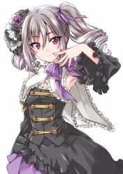 Rule 34 | 1girl, arms up, black dress, bow, closed mouth, collar, commentary, dress, drill hair, flower, frilled collar, frilled sleeves, frills, hair flower, hair ornament, hair ribbon, hand to own mouth, high collar, highres, idolmaster, idolmaster cinderella girls, kanzaki ranko, kuroi mimei, lolita fashion, long sleeves, looking at viewer, medium dress, medium hair, purple bow, purple eyes, purple flower, purple rose, ribbon, rose, silver hair, simple background, smile, solo, standing, twin drills, twintails, white background