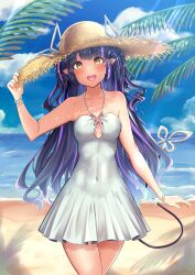 Rule 34 | 1girl, absurdres, alternate costume, beach, black hair, blue sky, blunt bangs, blush, bracelet, breasts, cloud, commentary request, covered navel, cowboy shot, dappled sunlight, day, demon girl, demon horns, demon tail, dress, hand on headwear, hat, highres, horizon, horns, horns through headwear, jewelry, kojo anna, long hair, looking at viewer, medium bangs, medium breasts, multicolored hair, nanashi inc., ocean, open mouth, outdoors, palm tree, pointy ears, purple hair, robou no stone, sand, sky, sleeveless, sleeveless dress, smile, solo, straw hat, sun hat, sunlight, tail, tree, twintails, two-tone hair, virtual youtuber, water, white dress, yellow eyes