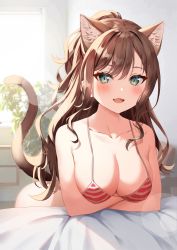 Rule 34 | 1girl, :d, animal ears, arms under breasts, bang dream!, bare arms, bare shoulders, bikini, bottomless, breasts, brown hair, cat ears, cat girl, cat tail, cleavage, collarbone, extra ears, fang, green eyes, highres, imai lisa, kemonomimi mode, large breasts, long hair, looking at viewer, mia (fai1510), open mouth, ponytail, red bikini, sidelocks, slit pupils, smile, solo, string bikini, striped bikini, striped clothes, swimsuit, tail, tail raised