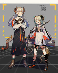 Rule 34 | 2girls, :d, :|, absurdres, arknights, belt, black choker, black skirt, black socks, blonde hair, boots, brown footwear, choker, closed mouth, coat, copyright name, crossed arms, curled horns, dragon horns, dragon tail, feathers, flamethrower, grey hair, highres, holding, holding weapon, horns, ifrit (arknights), infection monitor (arknights), kiliko-san, long hair, long skirt, long sleeves, looking at viewer, material growth, multiple girls, nail polish, open mouth, oripathy lesion (arknights), red nails, saria (arknights), skirt, smile, socks, tail, teeth, toeless legwear, toenail polish, toenails, tongue, tube, twintails, vest, vial, weapon, white coat, white vest, yellow eyes