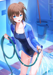 Rule 34 | 1girl, :d, absurdres, black one-piece swimsuit, blue eyes, blue jacket, blush, breasts, brown hair, bucket, collarbone, commentary request, competition school swimsuit, covered navel, day, empty pool, feet out of frame, has bad revision, has downscaled revision, highres, holding, hose, jacket, long sleeves, looking at viewer, md5 mismatch, one-piece swimsuit, one side up, open clothes, open jacket, open mouth, original, outdoors, pool, pov, rangu, reflective floor, resolution mismatch, school swimsuit, short sleeves, small breasts, smile, solo, source smaller, sparkle, splashing, standing, standing on one leg, swimsuit, swimsuit under clothes, v-shaped eyebrows, water