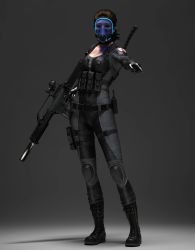 Rule 34 | 1girl, absurdres, belt, breasts, brown eyes, brown hair, capcom, gas mask, gloves, gun, highres, karena lesproux, large breasts, mask, resident evil, resident evil: operation raccoon city, short hair, solo, sweater, uniform, weapon