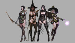 Rule 34 | 4girls, absurdres, archery, arm behind back, armor, arrow (projectile), asymmetrical footwear, asymmetrical gloves, bare hips, bare shoulders, belt, belt buckle, bikini armor, black gloves, black hair, black hat, blue eyes, book, boots, bow (weapon), bowl cut, bra, breasts, brooch, brown eyes, brown hair, buckle, carrot, cleavage, cleavage cutout, closed mouth, clothing cutout, collar, contrapposto, covered erect nipples, crossed legs, detached sleeves, earrings, elbow gloves, food, gloves, green eyes, green hat, hat, hat over one eye, high heel boots, high heels, highres, hip bones, holding, holding book, holding food, holding sword, holding weapon, holding whip, hood, j. won han, jacket, jewelry, lace trim, leather, leather boots, leather jacket, leg up, legs apart, leotard, long hair, looking at viewer, magic, metal gloves, midriff, mismatched footwear, mismatched gloves, multiple girls, navel, navel cutout, necklace, open book, original, panties, pauldrons, pelvic curtain, potion, profile, quiver, reading, sash, scabbard, sheath, sheathed, short hair, shoulder armor, side cutout, simple background, skull, sleeveless, standing, strap, sword, thigh boots, thighhighs, tunic, underwear, very long hair, wavy hair, weapon, whip, white hair, witch hat