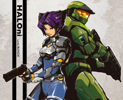 Rule 34 | 1boy, 1girl, armor, assault rifle, back-to-back, beige background, body armor, bodysuit, bullpup, bungie, copyright name, creator connection, crossover, dandy (superdive43), green armor, grey eyes, gun, halo (game), halo (series), handgun, height difference, holding, holding gun, holding weapon, konoko, ma5, master chief, oni (game), pistol, power armor, purple hair, rifle, short hair, spartan (halo), text focus, visor, weapon, white background