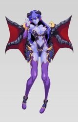 Rule 34 | 1girl, absurdres, astaroth (shinrabanshou), black sclera, blue skin, breasts, clothing cutout, colored sclera, colored skin, demon girl, demon tail, earrings, heart, heart earrings, highleg, highleg leotard, highres, jewelry, large breasts, leotard, long hair, looking at viewer, navel cutout, pointy ears, red wings, shinrabanshou, shiny skin, simple background, solo, standing, tail, thighhighs, volyz, wings, yellow eyes