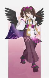 1girl aroevela brown_eyes brown_hair commission feathered_wings full_body geta hat highres himekaidou_hatate kourindou_tengu_costume looking_at_viewer solo tokin_hat touhou twintails wings