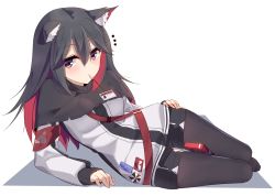 Rule 34 | 1girl, animal ears, arknights, black pantyhose, black shorts, capelet, colored inner hair, ddt (darktrident), food, hair between eyes, jacket, long hair, long sleeves, looking at viewer, mouth hold, multicolored hair, notice lines, pantyhose, pocky, reclining, short shorts, shorts, simple background, solo, texas (arknights), white background, white jacket, wolf ears