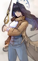 Rule 34 | 1girl, blue eyes, blue hair, coat, denim, hair intakes, halo, highres, hololive, hololive english, jasper xandros, jeans, long hair, looking at viewer, official alternate costume, ouro kronii, ouro kronii (casual), pants, solo, virtual youtuber