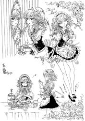Rule 34 | 1girl, apron, bad id, bad pixiv id, bouquet, braid, braiding hair, brush, cup, dress, eyelashes, female focus, flower, fork, framed, gloves, greyscale, hairdressing, izayoi sakuya, knife, light smile, maid, maid apron, maid headdress, mirror, monochrome, musical note, plate, pocket watch, pouring, rose, scissors, sink, smile, solo, spoon, table, takatora, teacup, teapot, throwing knife, touhou, twin braids, vase, watch, weapon, working