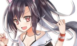 Rule 34 | 1girl, :d, azur lane, black hair, brown eyes, claw pose, commentary request, fang, long hair, looking at viewer, nail polish, open mouth, ougi810, ponytail, shigure (azur lane), simple background, smile, solo, white background, wristband