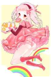 Rule 34 | 1girl, ass, ass cutout, bad id, bad pixiv id, blush, bow, brand name imitation, butt crack, choker, clothing cutout, doughnut, dress, eating, food, food in mouth, hair bobbles, hair bow, hair ornament, hairband, hat, heart, heart cutout, highres, jumping, kneehighs, long hair, long sleeves, looking at viewer, mister donut, original, panties, pink dress, pink hair, pink headwear, pink panties, pink theme, puffy sleeves, rabbit, rabbit tail, red eyes, red socks, sakiyo cake, socks, solo, striped clothes, striped panties, striped socks, tail, twintails, underwear