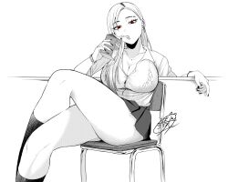 1girl absurdres animal_print artist_name bra bracelet breasts chair cleavage drink drinking drinking_straw ear_piercing earrings greyscale gyaru highres holding holding_drink jewelry kneehighs kogal large_breasts leopard_print long_hair looking_at_viewer milk_carton miniskirt monochrome nail_polish necklace original partially_unbuttoned piercing pleated_skirt red_eyes school_chair school_uniform see-through_clothes see-through_shirt shibainu_goro shirt signature sitting skirt sleeves_pushed_up socks solo spot_color underwear