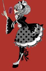 Rule 34 | 1girl, bow, explode-m (rib), magical girl, magical girl apocalypse, mahou shoujo of the end, monochrome, platform footwear, red eyes, ribbon, simple background, solo, spot color, translation request, twintails