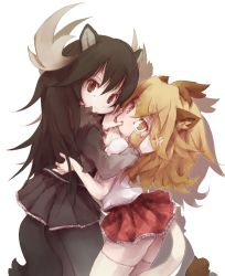 Rule 34 | 10s, 2girls, absurdres, animal ears, antlers, blonde hair, brown hair, fur collar, hand on another&#039;s face, highres, horns, hug, kemono friends, kolshica, lion (kemono friends), lion ears, lion tail, long hair, long sleeves, moose (kemono friends), moose ears, moose tail, multiple girls, open mouth, pantyhose, pleated skirt, scarf, short sleeves, skirt, smile, sweater, tail, thighhighs