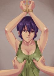 Rule 34 | 1girl, angry, bondage, bound, grabbing another&#039;s breast, breasts, cleavage, grabbing, groping, large breasts, purple hair, restrained, short hair, tank top, tomoshiki