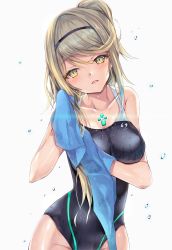 Rule 34 | 1girl, bare shoulders, black one-piece swimsuit, blonde hair, blush, breasts, cleavage, collarbone, commentary request, competition swimsuit, cowboy shot, drying, drying hair, hair between eyes, hairband, head tilt, highleg, highleg swimsuit, inoue takuya (tactactak), large breasts, lips, long hair, looking at viewer, mythra (xenoblade), nintendo, one-piece swimsuit, one side up, parted lips, simple background, slit pupils, solo, swimsuit, towel, towel on head, wet, wet clothes, wet hair, xenoblade chronicles (series), xenoblade chronicles 2, yellow eyes