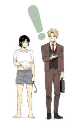 Rule 34 | !, 2boys, absurdres, arm at side, barefoot, black hair, blonde hair, boxers, brown jacket, brown pants, closed mouth, crossover, formal, full body, green eyes, grey eyes, grey male underwear, hand under clothes, hand under shirt, height difference, highres, holding, jacket, jitome, leg hair, legs apart, long sleeves, looking at another, male focus, male underwear, mr. koiwai, multiple boys, necktie, no pants, pants, ratatatat74, shirt, shoes, short hair, short sleeves, side-by-side, simple background, spy x family, standing, suit, suit jacket, twilight (spy x family), underwear, vest, white background, white shirt, yotsubato!