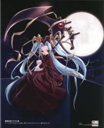 Rule 34 | 1girl, blue hair, dress, eario, full moon, hat, highres, ito noizi, moon, red dress, red eyes, scan, scythe, serious, sitting, solo, twintails, two side up, wasurenagusa