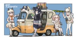 Rule 34 | 4girls, absurdres, alpaca ears, alpaca huacaya (kemono friends), alpaca suri (kemono friends), alpaca tail, animal ears, arm at side, artist name, bell, belt, black hair, blonde hair, blue eyes, blush, bodystocking, breast pocket, car, chair, closed eyes, closed mouth, drawstring, ears through headwear, extra ears, flying sweatdrops, food, full body, fur-trimmed footwear, fur-trimmed sleeves, fur collar, fur scarf, fur trim, gloves, grey hair, grey wolf (kemono friends), hair bun, hair over one eye, hand on own hip, hand up, hat, highres, holding, holding food, holding scissors, horizontal pupils, horns, jacket, japari bun, japari symbol, kemono friends, layered sleeves, long hair, long sleeves, looking at another, looking at viewer, medium hair, miniskirt, motor vehicle, multicolored hair, multiple girls, neck bell, neck ribbon, necktie, nose blush, outstretched arm, plaid, plaid neckwear, plaid skirt, platinum blonde hair, pocket, purple eyes, ribbon, scarf, scissors, sheep (kemono friends), sheep ears, sheep horns, sheep tail, shirt, shoes, short over long sleeves, short sleeves, shorts, sidelocks, single hair bun, sitting, skirt, smile, standing, sweater vest, tail, thighhighs, three-wheeler, toriny, tuk-tuk, two-tone hair, vehicle focus, white hair, wolf ears, wolf girl, wolf tail, zettai ryouiki