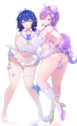 Rule 34 | 2girls, absurdres, ahoge, ass, blue eyes, blue hair, breasts, clothes lift, collar, covered erect nipples, crop top, feet, full body, gloves, gogoco, hair between eyes, hair ornament, hat, high heels, highleg, highleg panties, highres, large breasts, lifting own clothes, looking at viewer, low twintails, microskirt, multiple girls, navel, octopus, original, panties, purple eyes, purple hair, purple panties, sailor collar, shoes, short hair, simple background, skirt, skirt lift, socks, standing, star (symbol), star hair ornament, twintails, underwear, wet, white background, white collar, white footwear, white gloves, white headwear, white legwear, white panties, white skirt, wrist cuffs