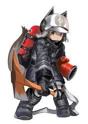Rule 34 | 1girl, absurdres, animal ears, animal ears helmet, arknights, axe, black footwear, black gloves, boots, commentary request, fake animal ears, fire axe, fire helmet, firefighter, firefighter jacket, fixro2n, full body, gloves, grey jacket, helmet, highres, holding, jacket, knee boots, long sleeves, oxygen tank, shaw (arknights), simple background, solo, squirrel ears, squirrel girl, squirrel tail, standing, tail, white background