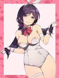 Rule 34 | 1girl, animal ears, bow, bowtie, breasts, cleavage, cowboy shot, detached collar, duke (inu daimyou), fake animal ears, fingerless gloves, gloves, green eyes, hair ornament, hair scrunchie, holding, holding clothes, large breasts, leotard, long hair, looking at viewer, love live!, love live! school idol project, low twintails, pink scrunchie, playboy bunny, purple hair, purple scrunchie, rabbit ears, red bow, red bowtie, scrunchie, solo, thigh gap, tojo nozomi, twintails, white gloves, white leotard